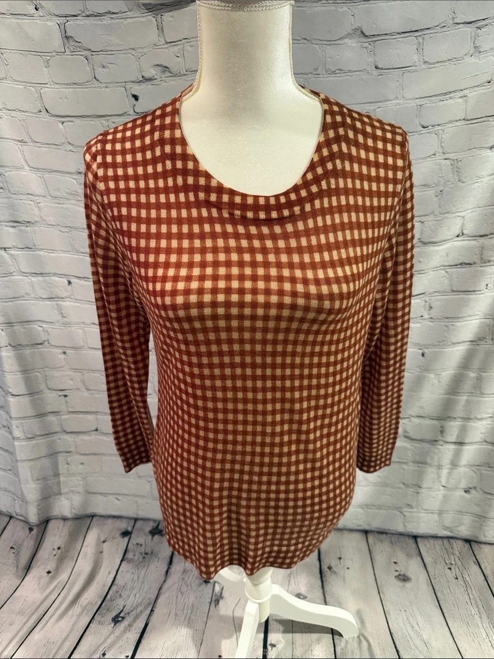 J. Crew Rust and Cream Gingham Crewneck Sweater